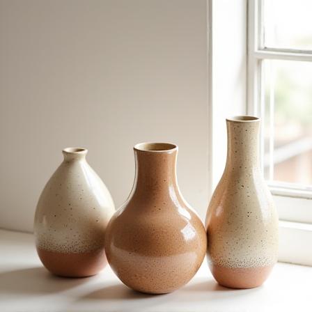 Set of three speckled ceramic vases in earth tones