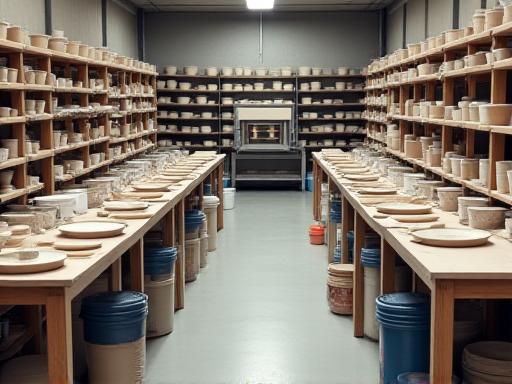 Rows of pottery wheels and shelving with drying clay pieces