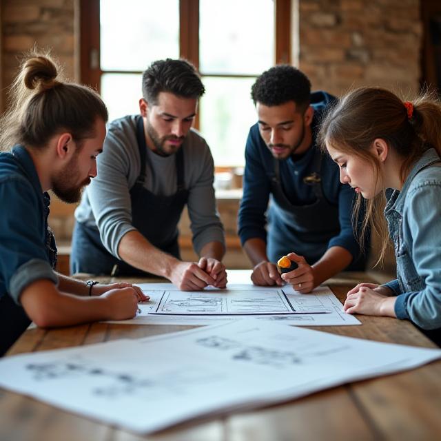 Group of diverse artisans discussing a blueprint around a large wooden table