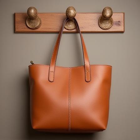 Hand-stitched leather tote bag hanging on a hook