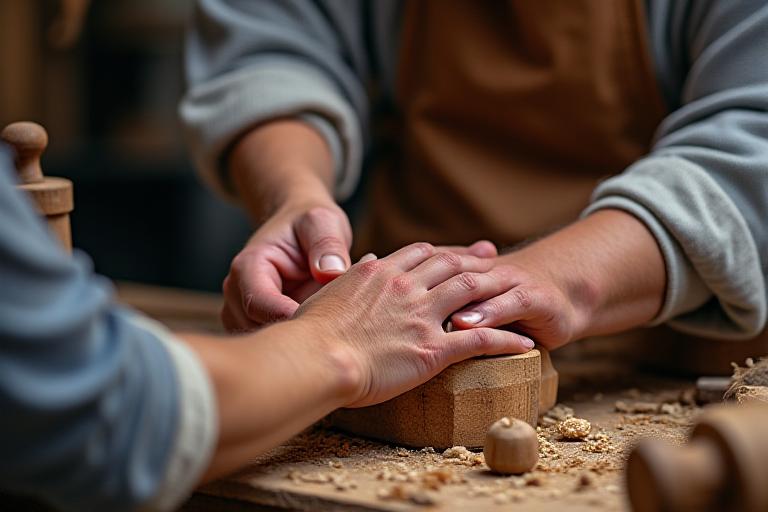 A master craftsman guiding a student's hands on a lathe, demonstrating precision woodworking.