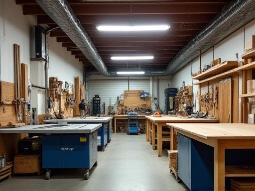 Interior view of a professional woodworking shop with dust collection systems